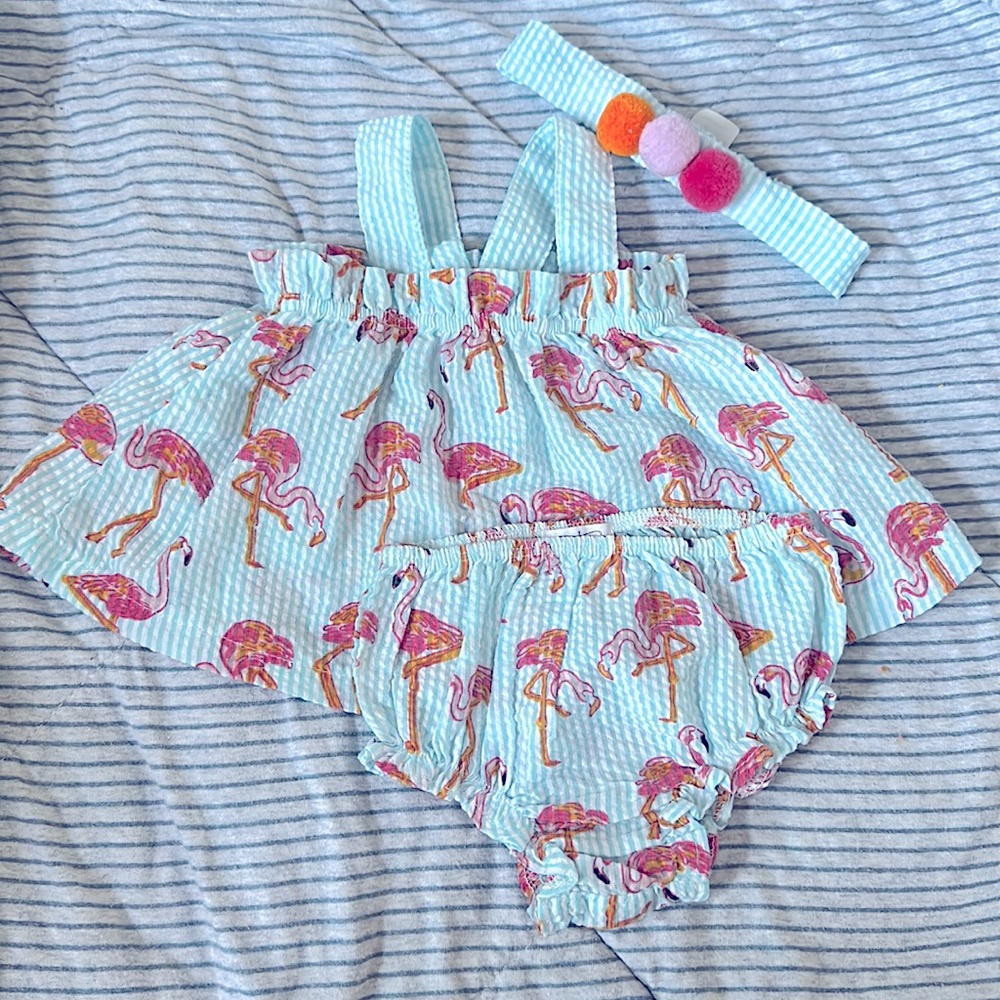 Mud pie flamingo seersucker outfit with headband 0-3months